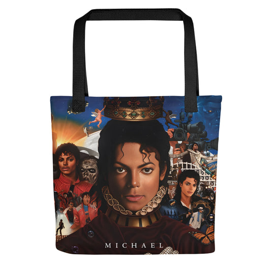 Tote bag preta com estampa vintage de Michael Jackson estilo streetwear manga, cultura pop França 2026.
