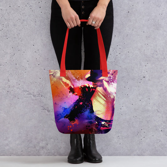 Tote bag Michael Jackson oversized streetwear com estampa neon colorida, alças vermelhas, estilo manga, França 2026 homem.