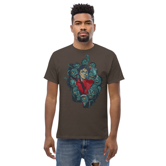 Camiseta streetwear masculina manga curta cinza escuro com estampa vintage Michael Jackson Thriller estilo anime manga.