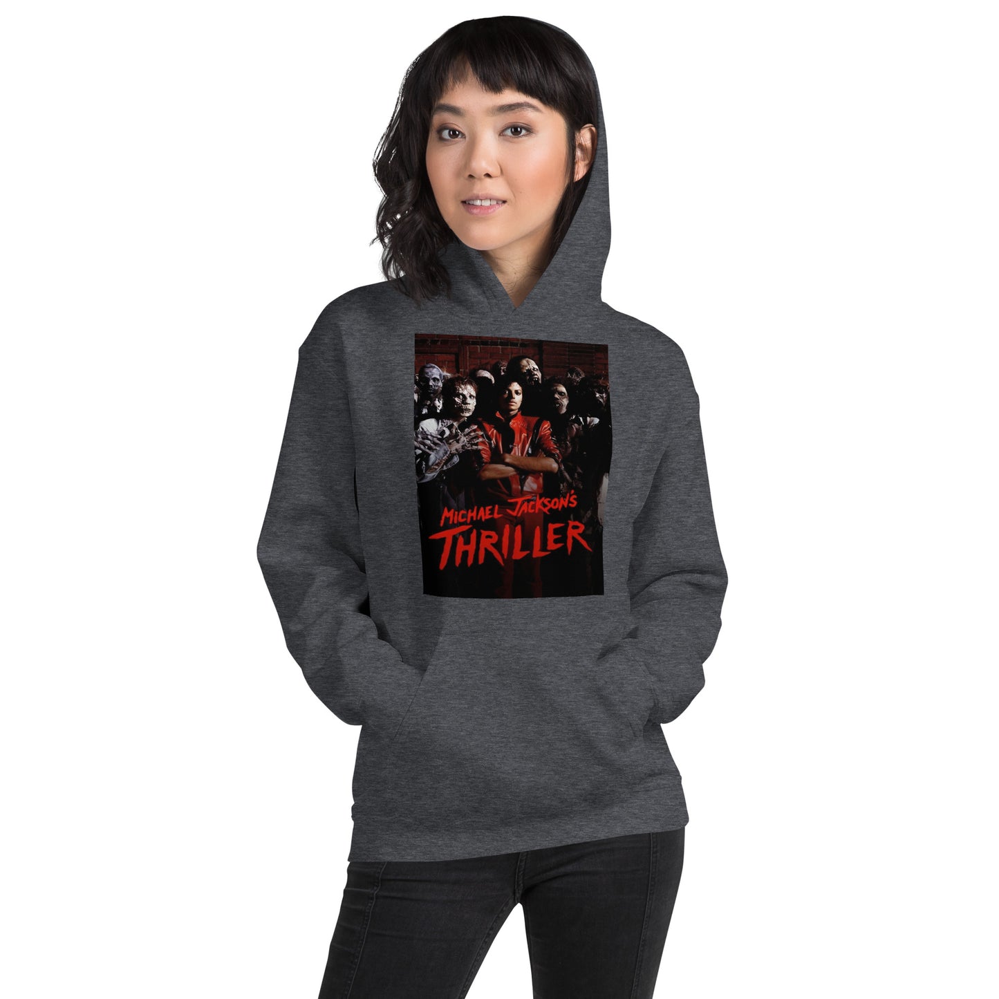 Moletom streetwear unissex cinza escuro com estampa vintage do álbum Thriller de Michael Jackson, estilo manga, moda homme.