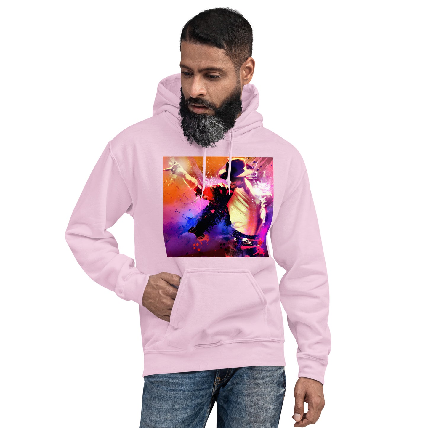 Moletom hoodie rosa claro oversized com estampa colorida Michael Jackson King of Pop, estilo streetwear homme manga França.