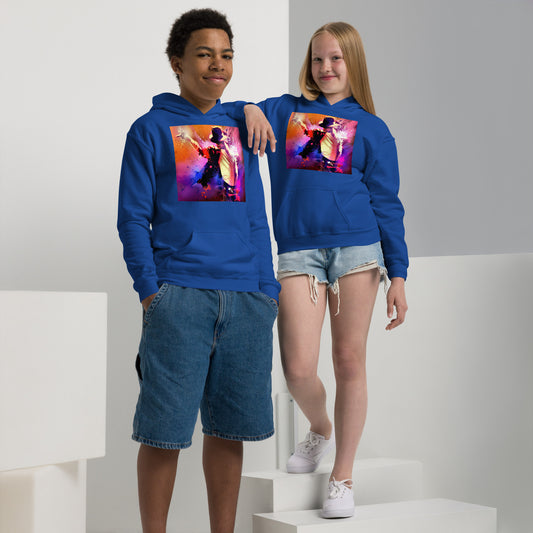 Moletom azul streetwear infantil com estampa neon vintage de Michael Jackson King of Pop, estilo manga, França 2026.