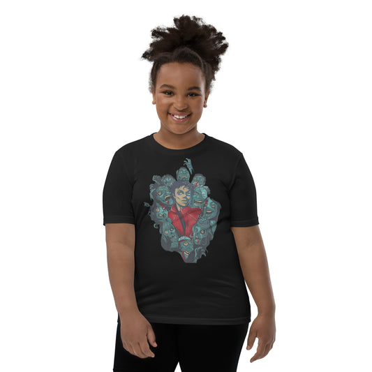 Camiseta preta oversized streetwear infantil Michael Jackson Thriller com arte gráfica estilo manga e anime, inspiração pop.