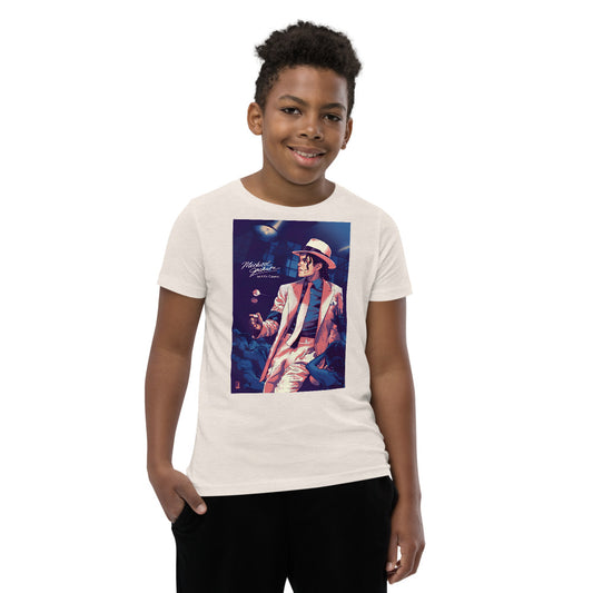 Camiseta streetwear infantil branca com estampa colorida estilo manga de Michael Jackson Smooth Criminal, moda jovem 2026.