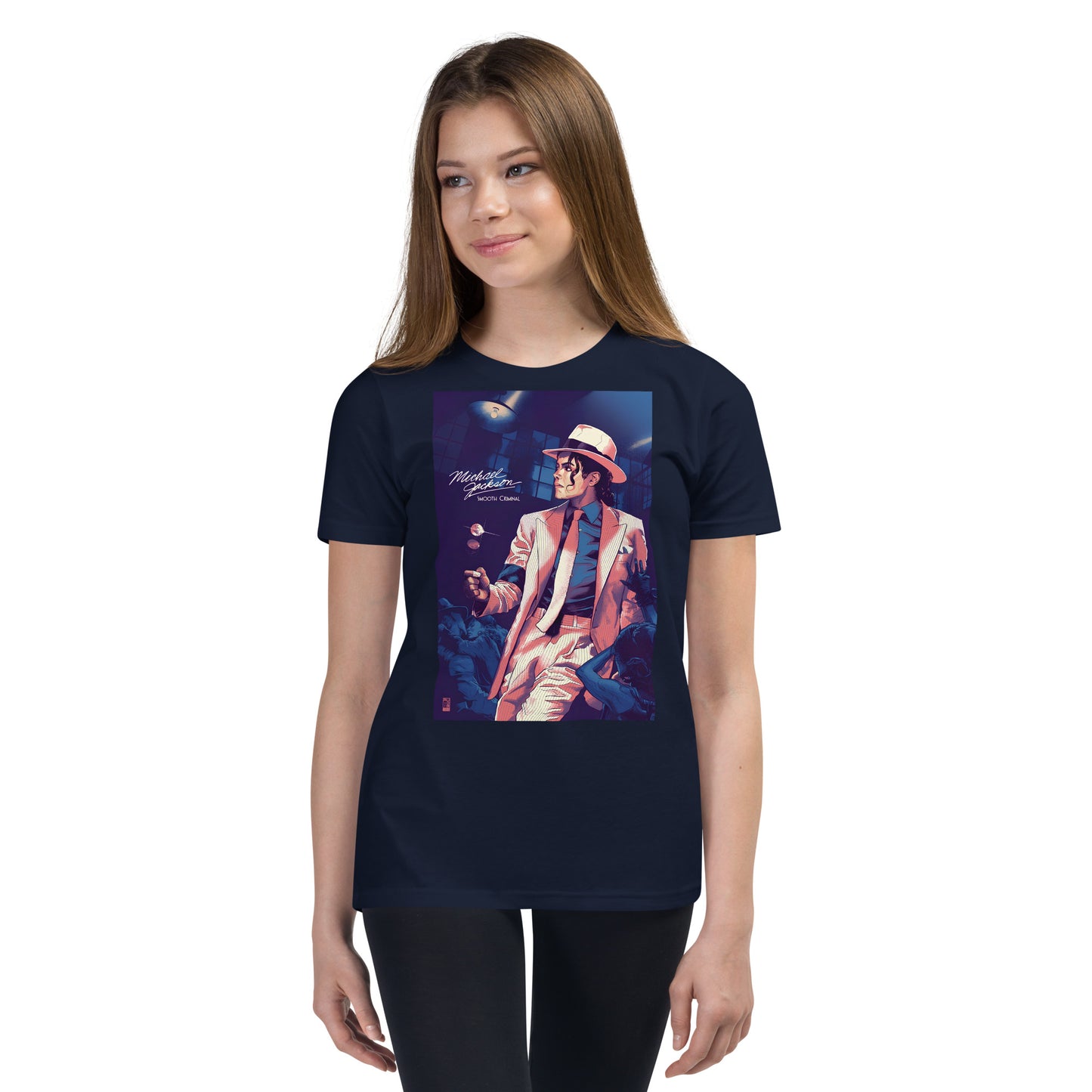T-shirt streetwear infantil azul marine com estampa Michael Jackson Smooth Criminal estilo vintage manga curta.