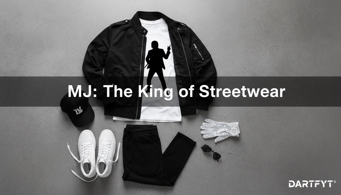 Tenue streetwear inspirée de Michael Jackson – veste noire, jean slim, baskets blanches et gant blanc, avec la silhouette du King of Pop – DARTFYT®