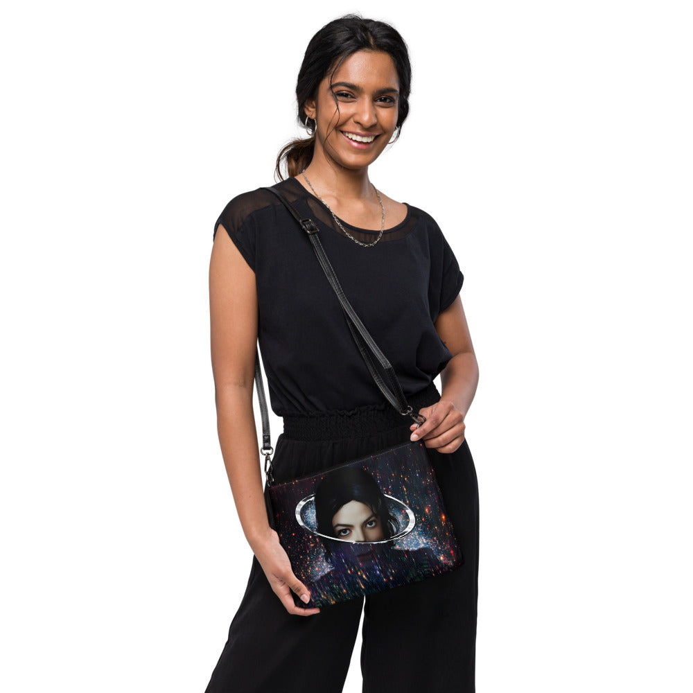 Bolsa crossbody Michael Jackson Xscape preta com estampa galáctica, estilo streetwear manga 2026 França homem anime.