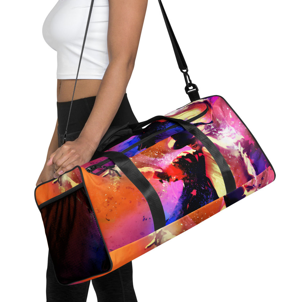 Bolsa de viagem oversized streetwear inspirada em Michael Jackson, design neon vibrante, estilo vintage música pop, com alça .