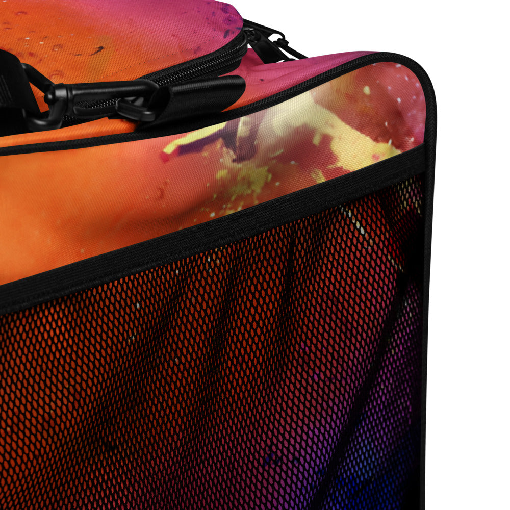 Bolsa de viagem oversized streetwear com design neon inspirado em Michael Jackson, detalhes em mesh preto, estilo vintage e.