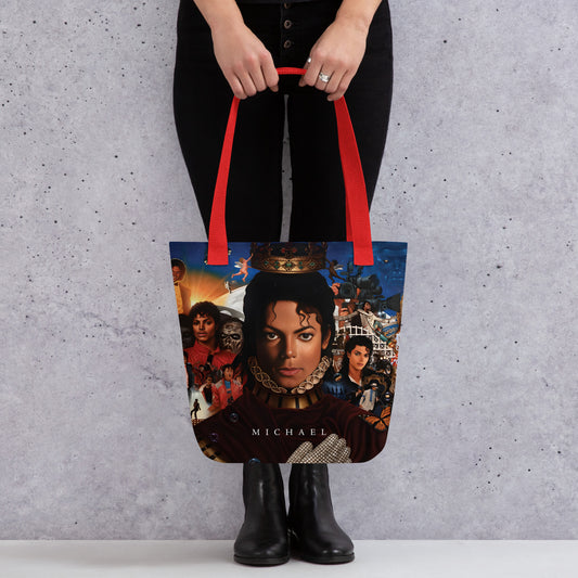 Bolsa tote Michael Jackson com colagem vintage e alças vermelhas, estilo streetwear 2026 homem França.