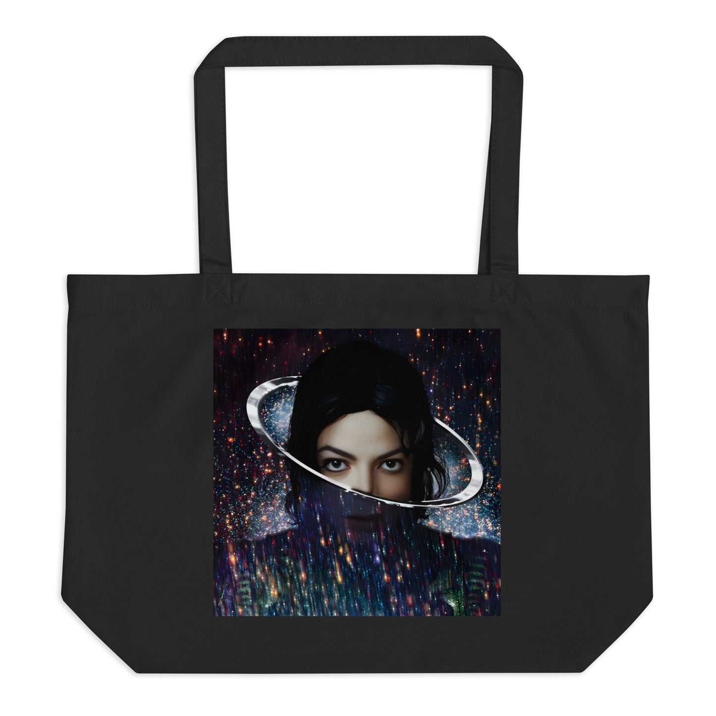 Bolsa tote preta em algodão orgânico com estampa colorida de Michael Jackson inspirado em streetwear e manga, estilo anime.