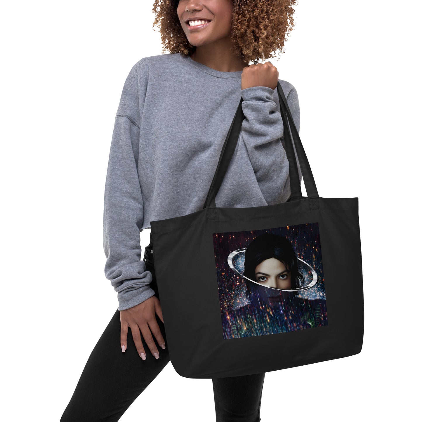 Bolsa tote Michael Jackson preta em algodão orgânico com estampa colorida estilo streetwear manga 2026 homem França.