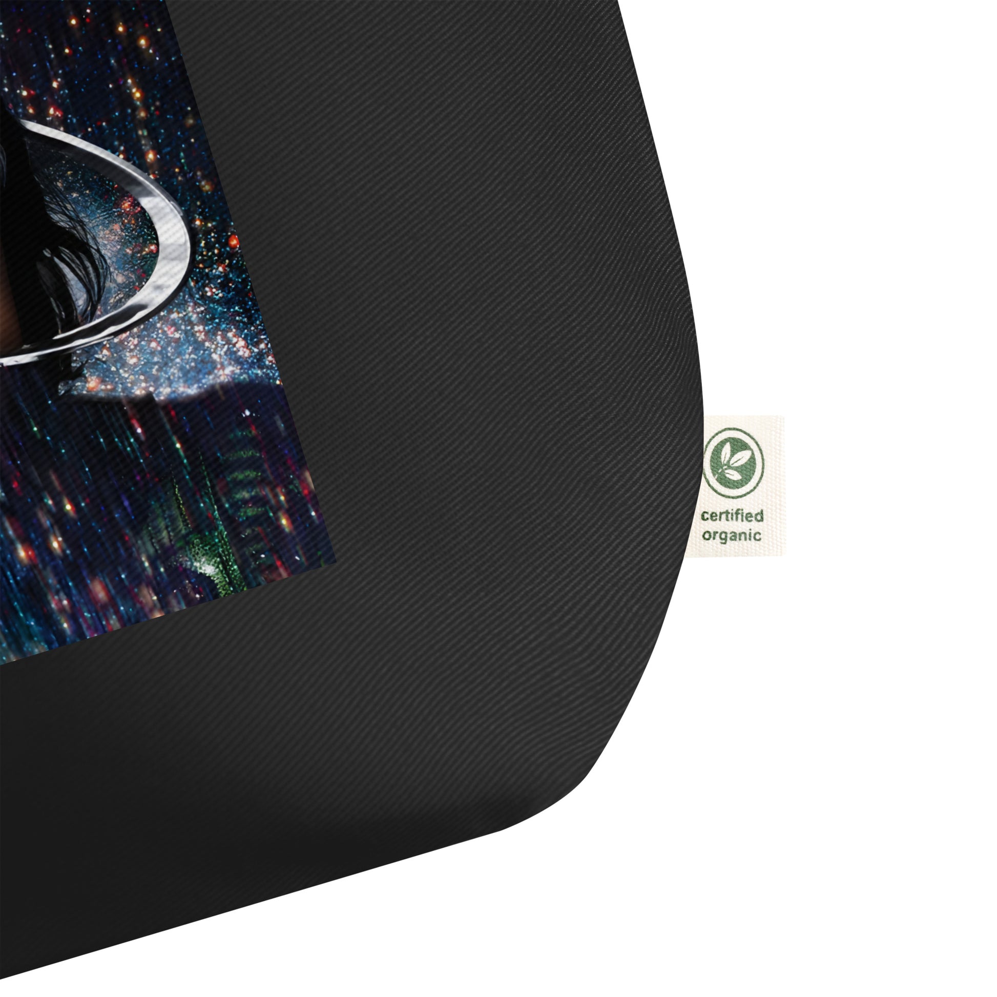 Bolsa eco tote preta de algodão orgânico com etiqueta certificada, estilo streetwear 2026 França homem manga anime.