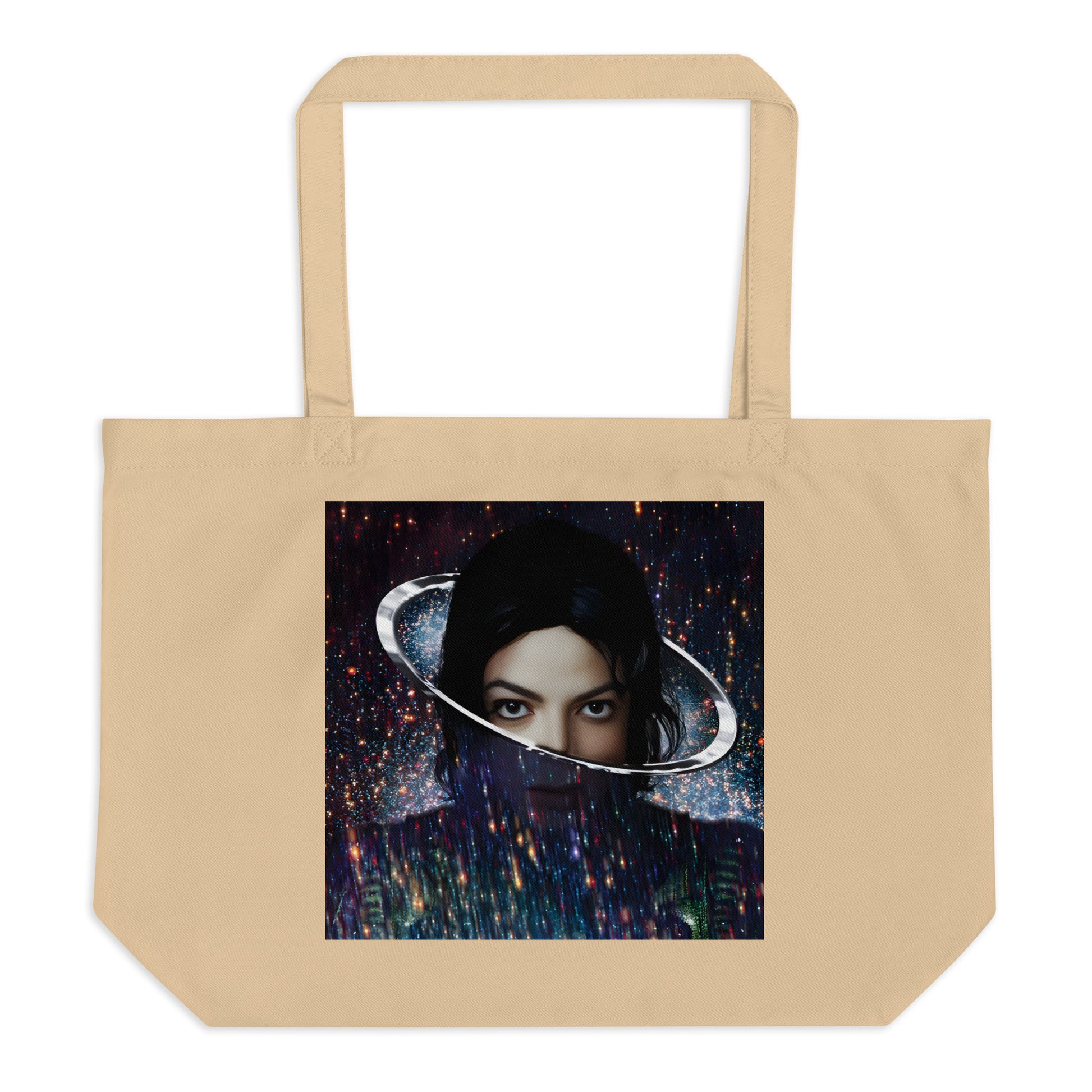 Bolsa tote oyster em algodão orgânico com estampa da face de Michael Jackson e design retrô streetwear manga 2026 França.