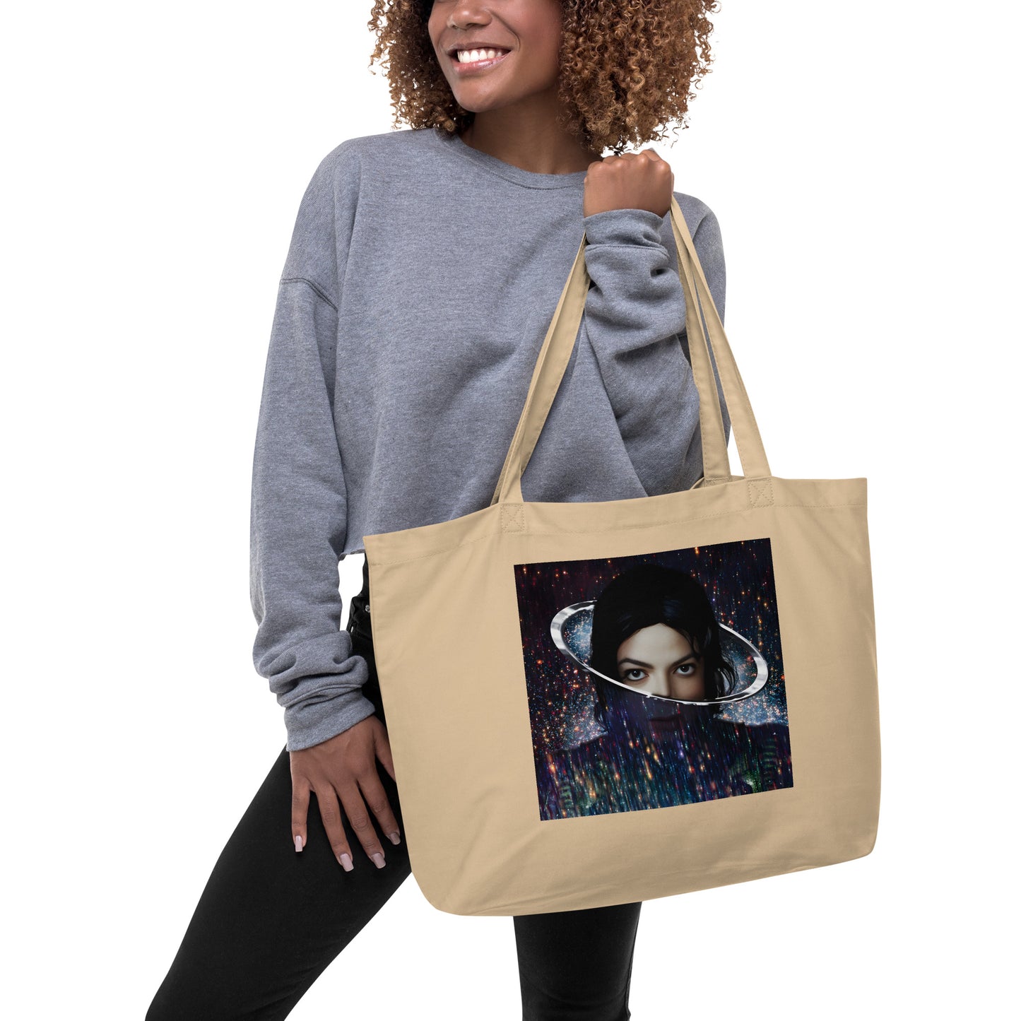 Sacola tote beige oversized em algodão orgânico com estampa vintage de Michael Jackson, estilo streetwear, homme manga 2026.