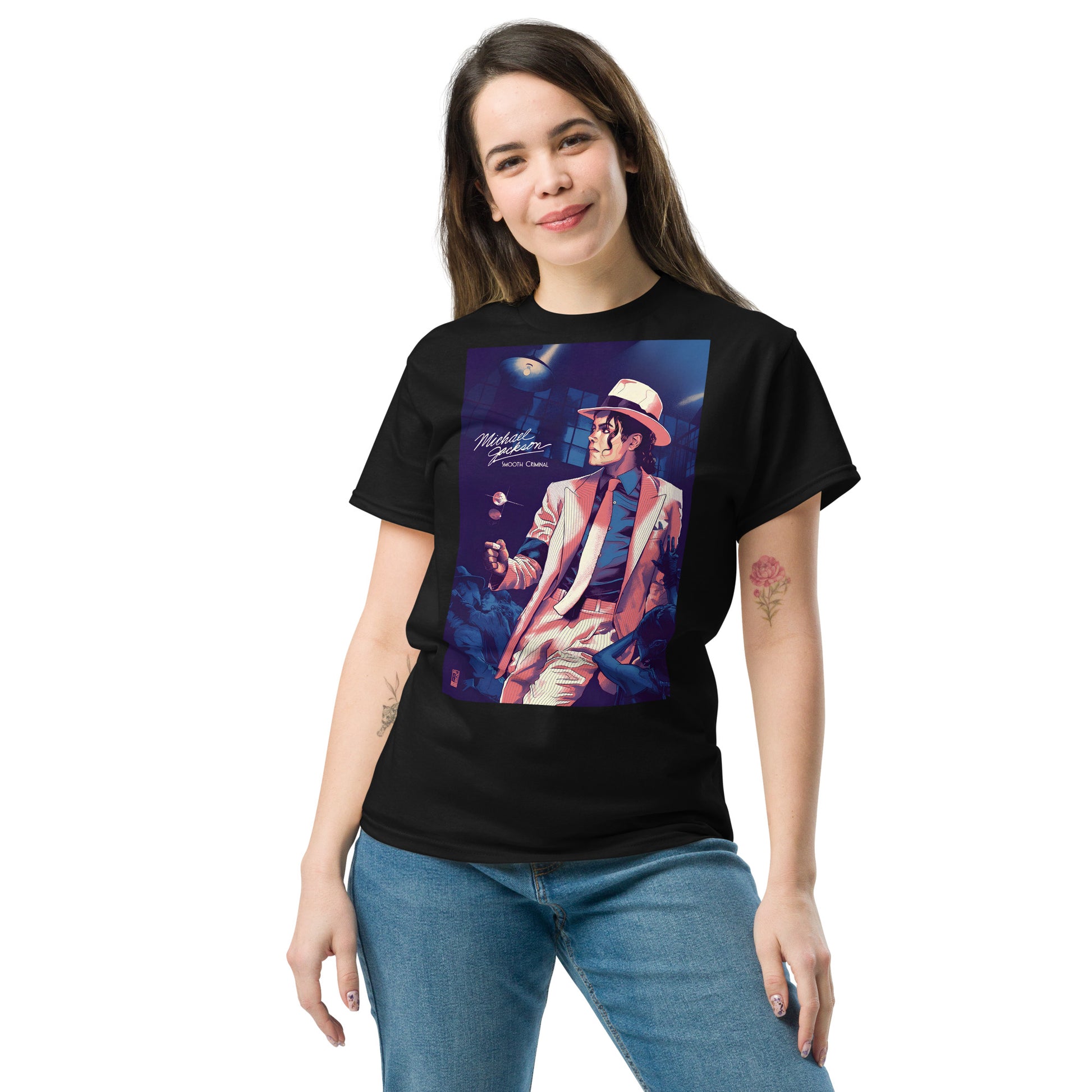 Camiseta streetwear masculina preta com estampa vintage Michael Jackson Smooth Criminal estilo manga 2026 França.