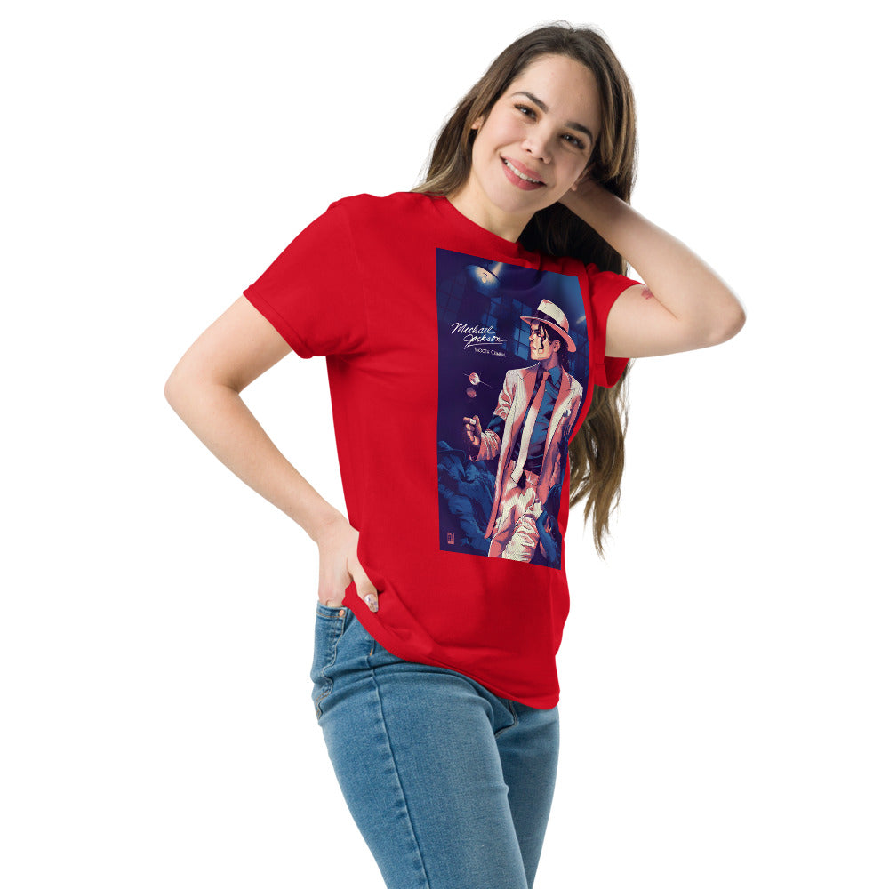 Camiseta streetwear vermelha masculina com estampa vintage Michael Jackson Smooth Criminal em estilo manga, moda pop 2026.