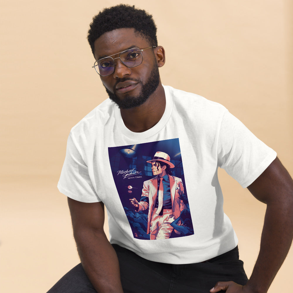 Camiseta streetwear branca com estampa vintage Michael Jackson Smooth Criminal estilo manga, France homme 2026.