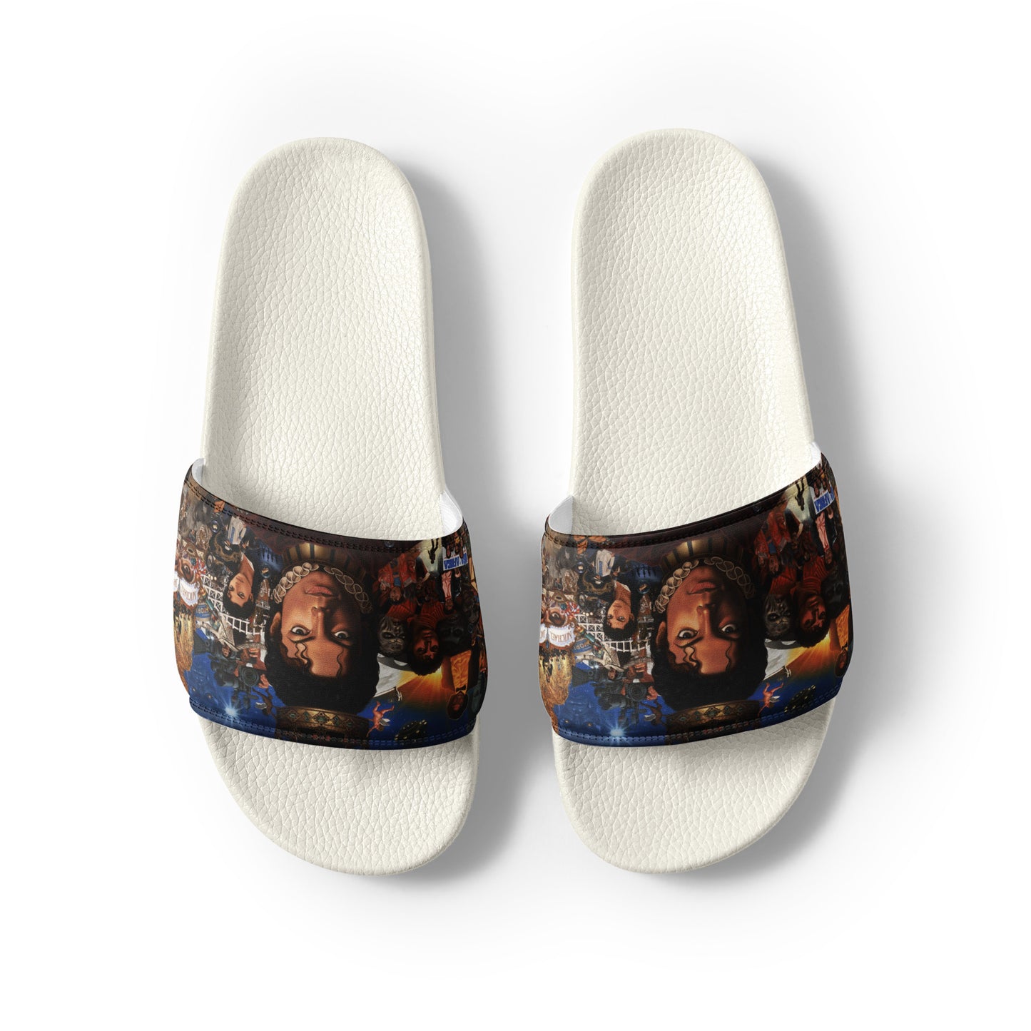Chinelos brancos com tiras estampadas em collage vintage do Michael Jackson, estilo streetwear homme França 2026.