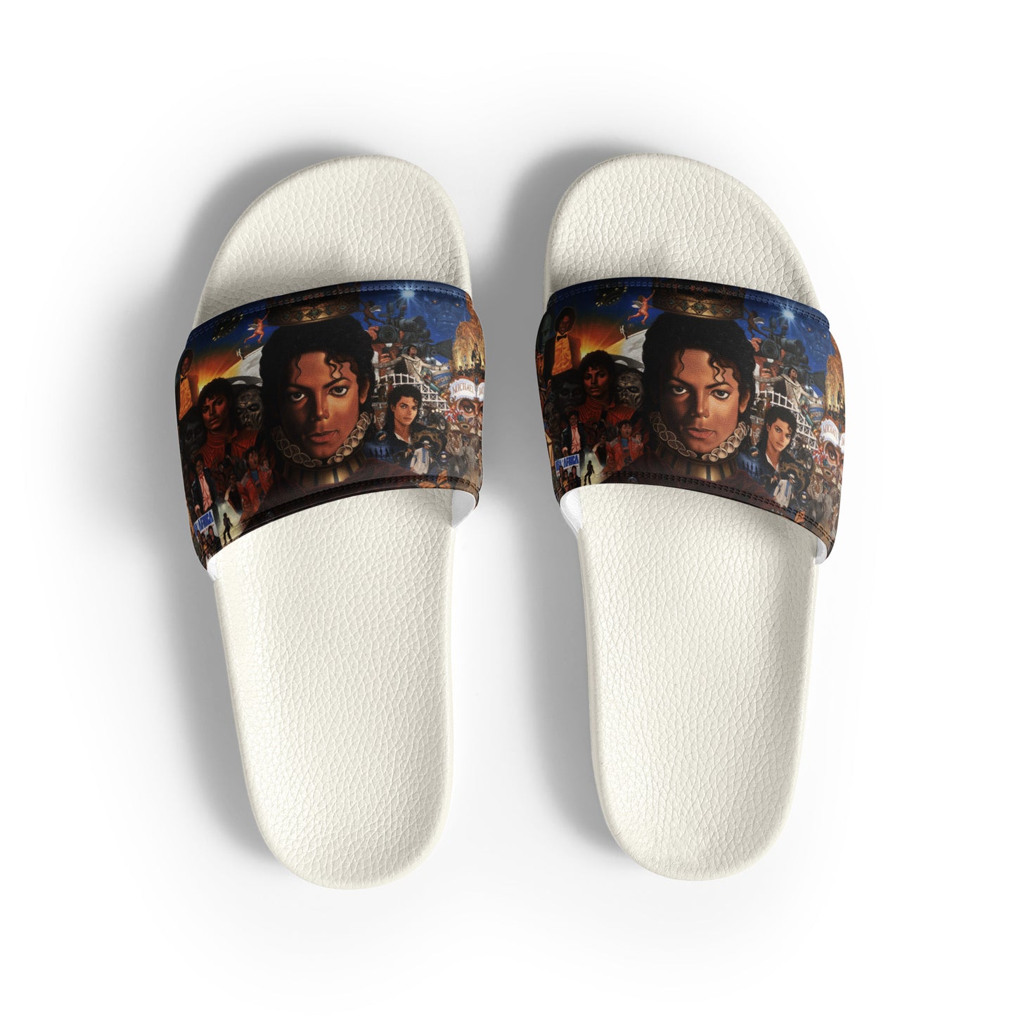 Chinelo slide branco com estampa collage vintage de Michael Jackson estilo streetwear homem manga France 2026.