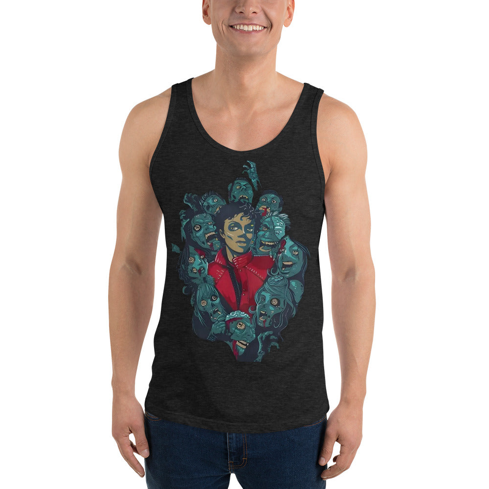 Regata preta streetwear masculina com estampa anime vintage Michael Jackson Thriller em destaque azul e vermelho.