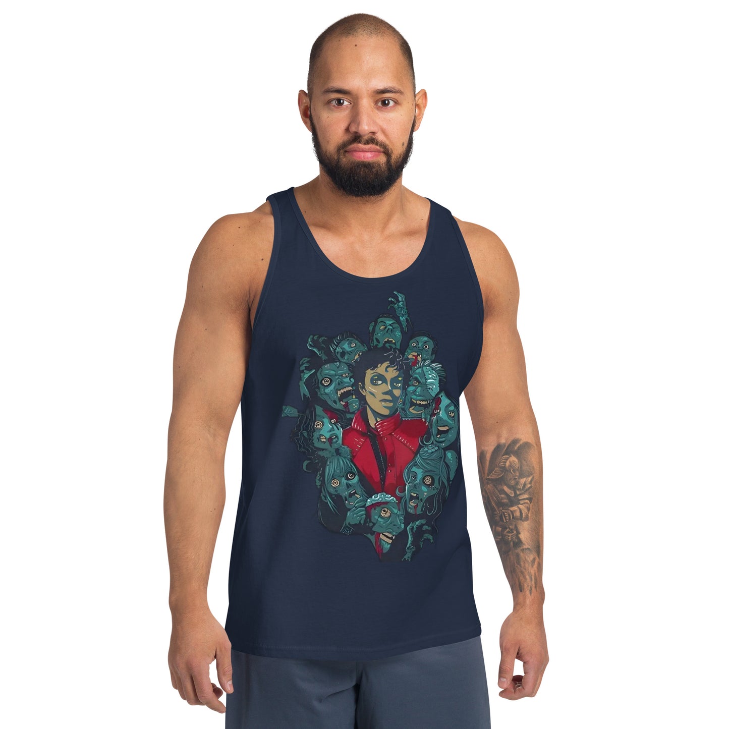 Regata streetwear azul marinho com estampa gráfica de Michael Jackson estilo anime, moda homem 2026 França.