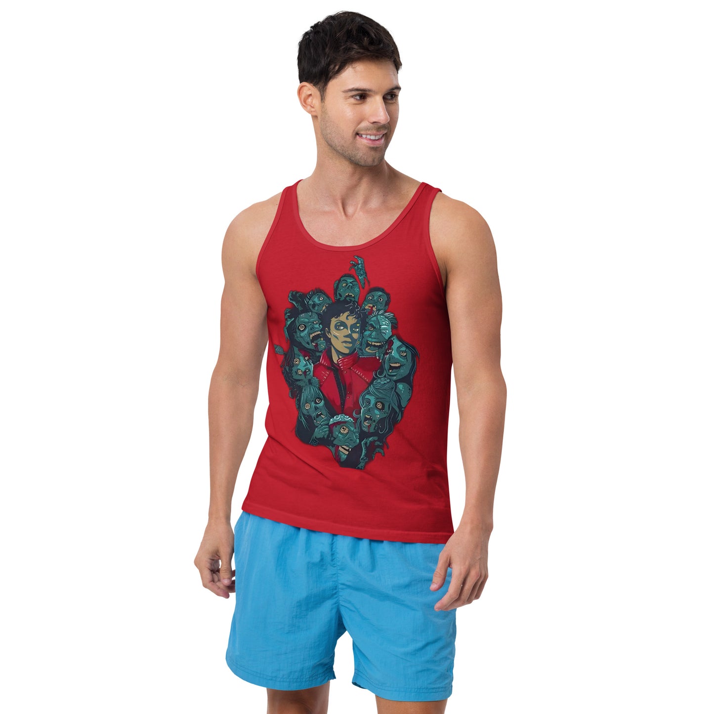 Regata vermelha oversized com estampa gráfica estilo anime do Michael Jackson Thriller, streetwear homem manga curta, moda.