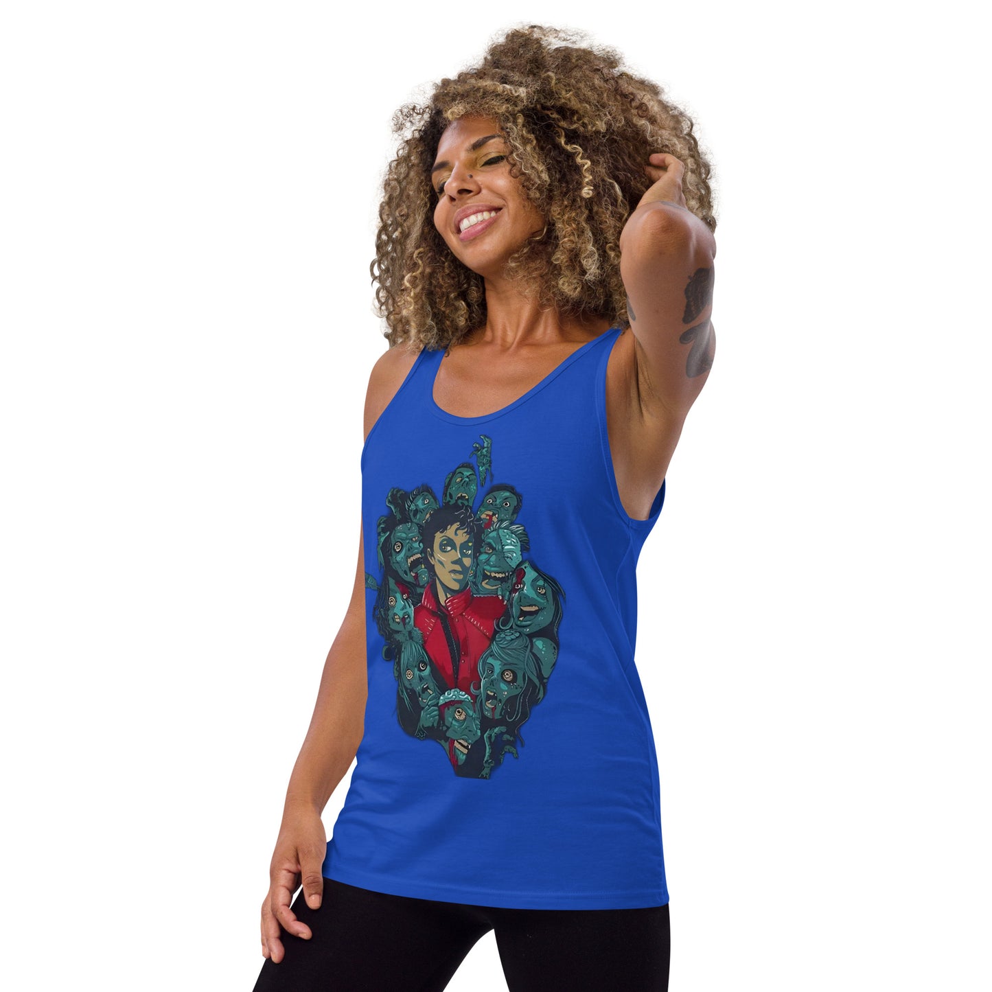 Regata azul royal oversized streetwear com estampa gráfica vintage de Michael Jackson Thriller, estilo manga, moda homme.