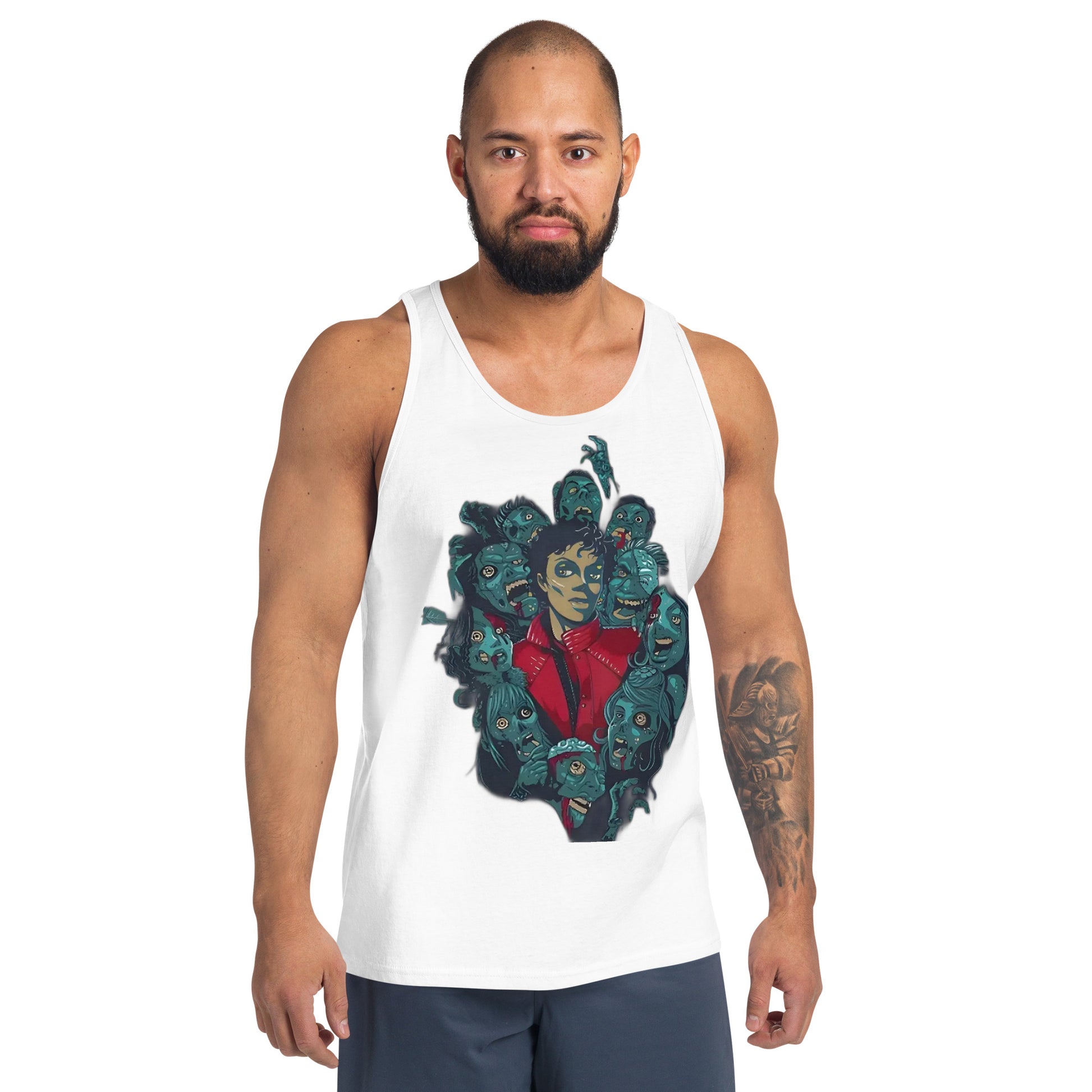 Regata branca streetwear masculina com estampa gráfica vintage do Michael Jackson Thriller estilo anime manga França 2026.