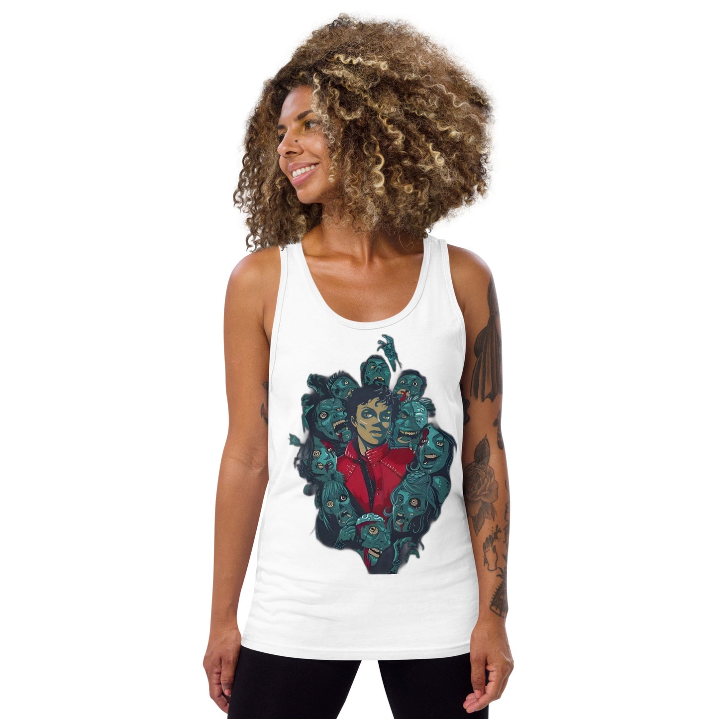 Regata branca oversized com estampa gráfica colorida de Michael Jackson Thriller, estilo streetwear, unissex, tendência.