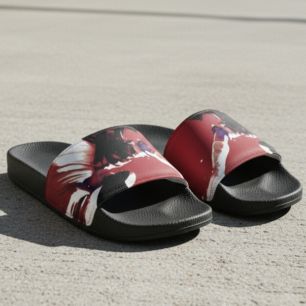 Red King Slides — Concrete Daylight Flat Lay | DARTFYT®