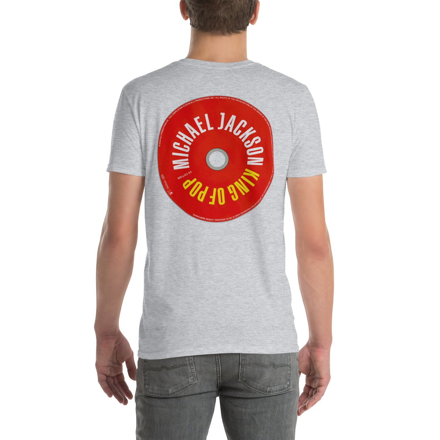Camiseta streetwear masculina cinza com estampa traseira redonda vermelha Michael Jackson estilo vintage manga anime 2026.