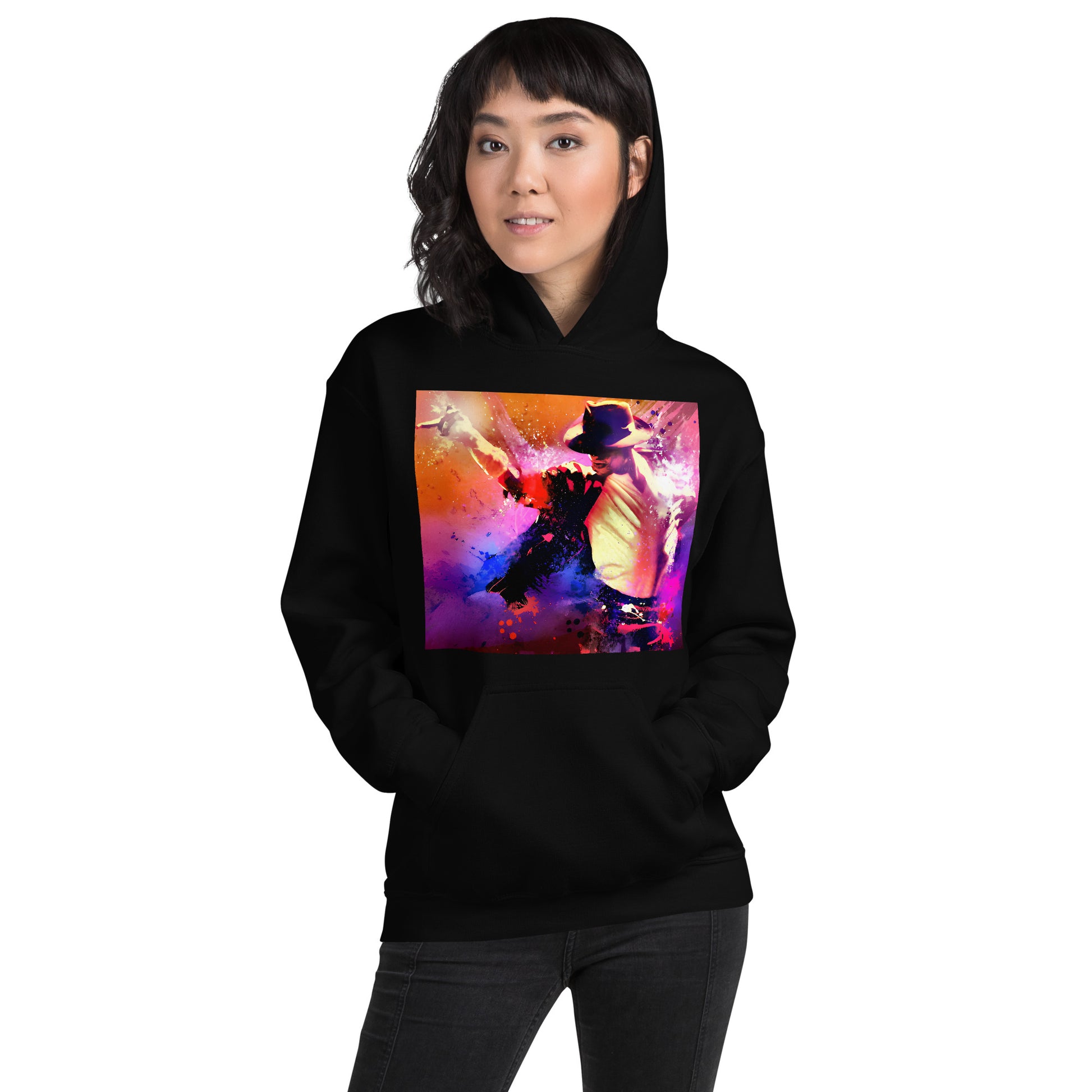 Moletom oversized preto streetwear com estampa colorida de Michael Jackson, estilo vintage e anime, moda homem França 2026.