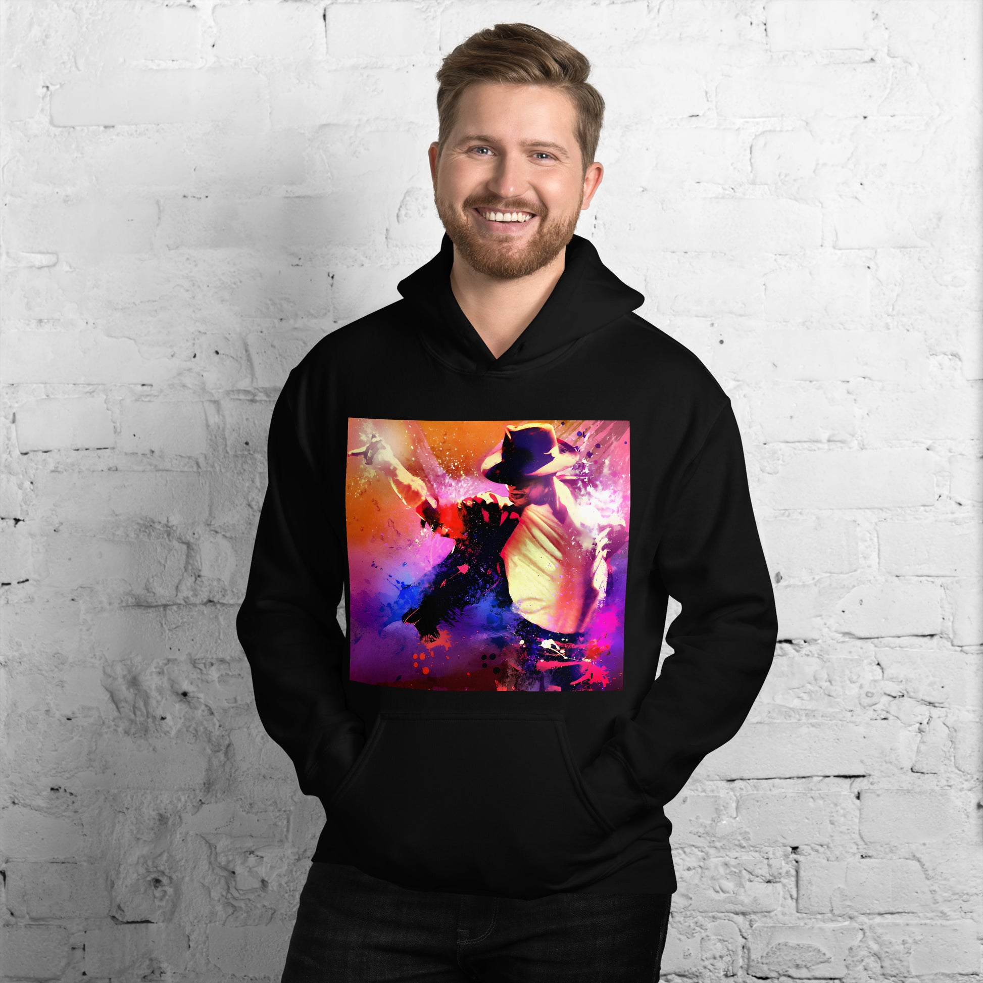 Hoodie preto oversized streetwear com estampa colorida de Michael Jackson em estilo anime, moda homem manga France 2026.