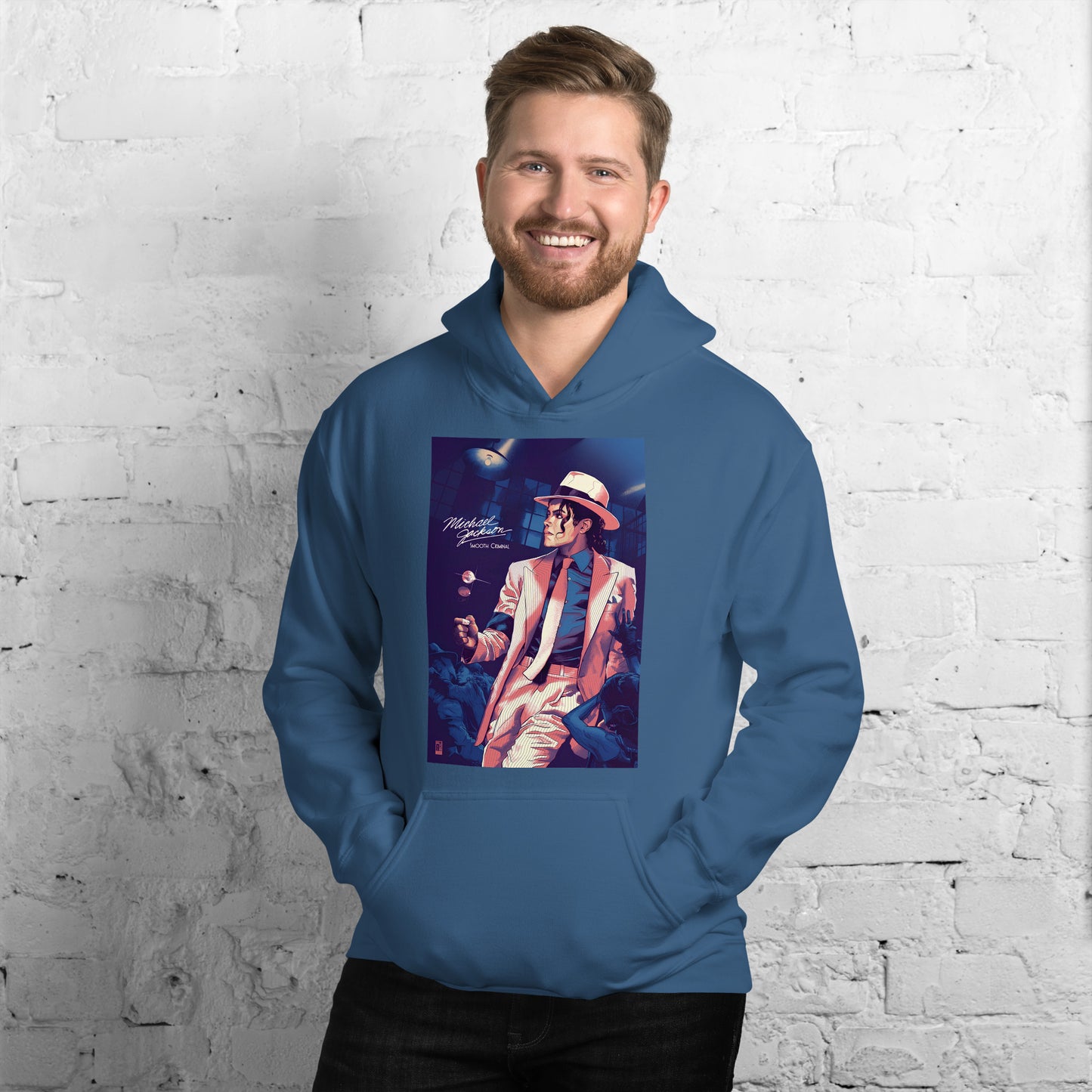 Moletom streetwear azul marinho masculino com estampa colorida de Michael Jackson estilo manga, inspirado em anime, edição.