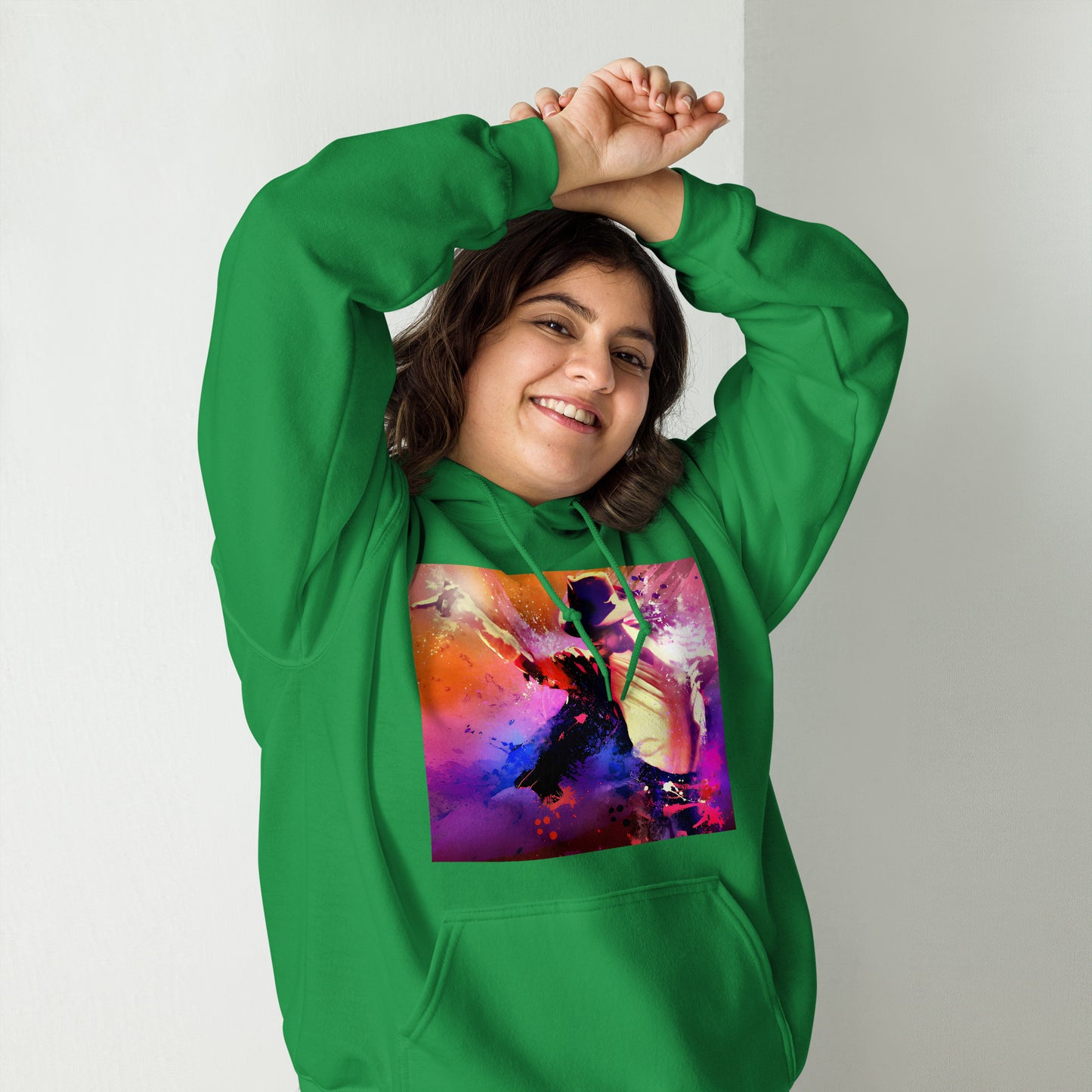 Moletom verde streetwear masculino com estampa colorida de Michael Jackson estilo anime manga França 2026.