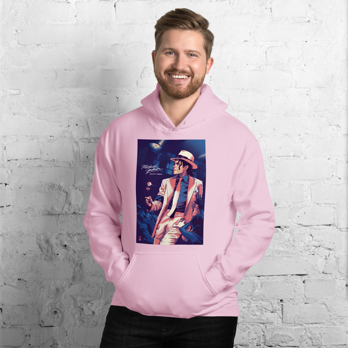 Moletom rosa claro masculino oversized com estampa colorida de Michael Jackson estilo streetwear manga 2026 França.