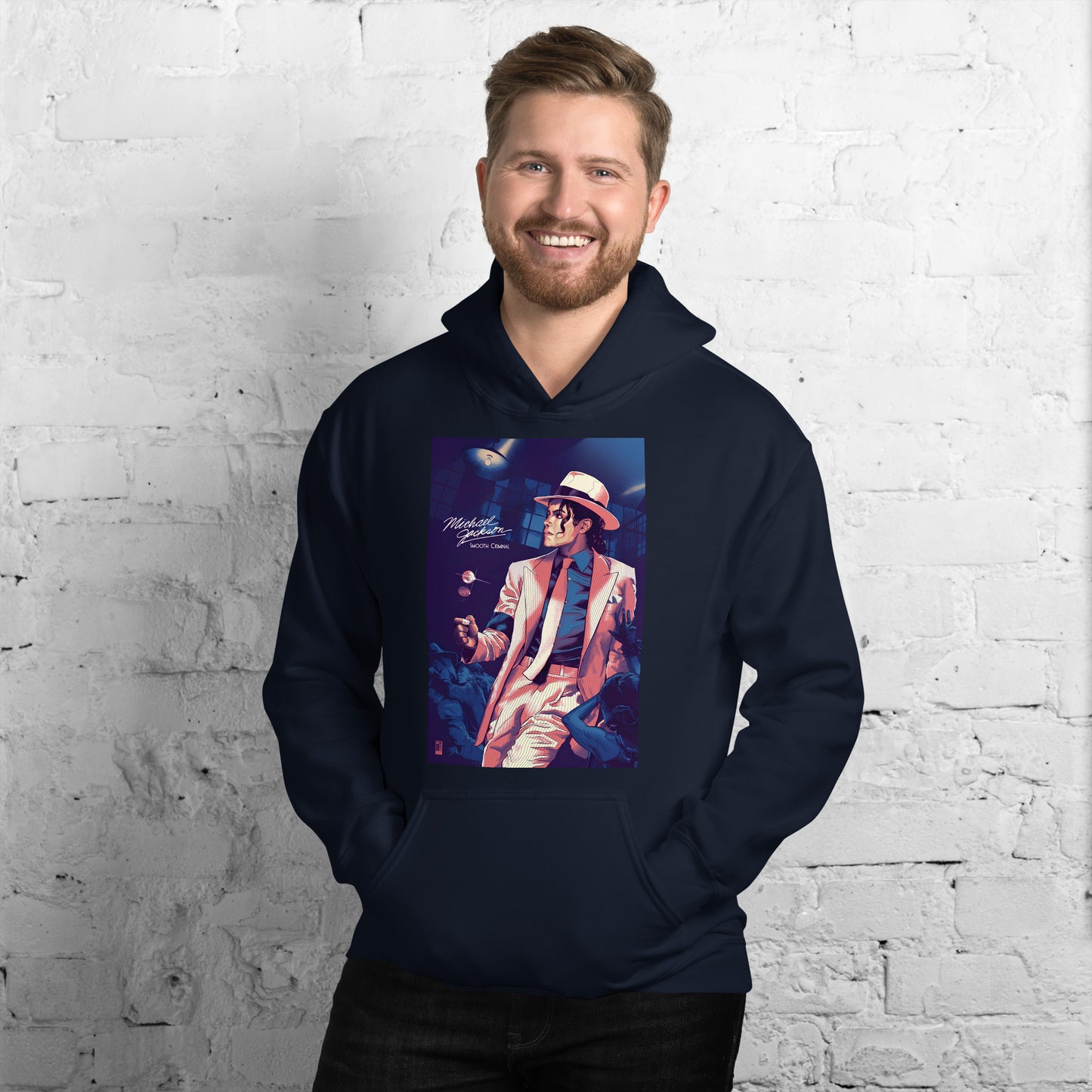 Hoodie streetwear masculino azul marinho com estampa vintage Michael Jackson estilo anime manga França 2026.