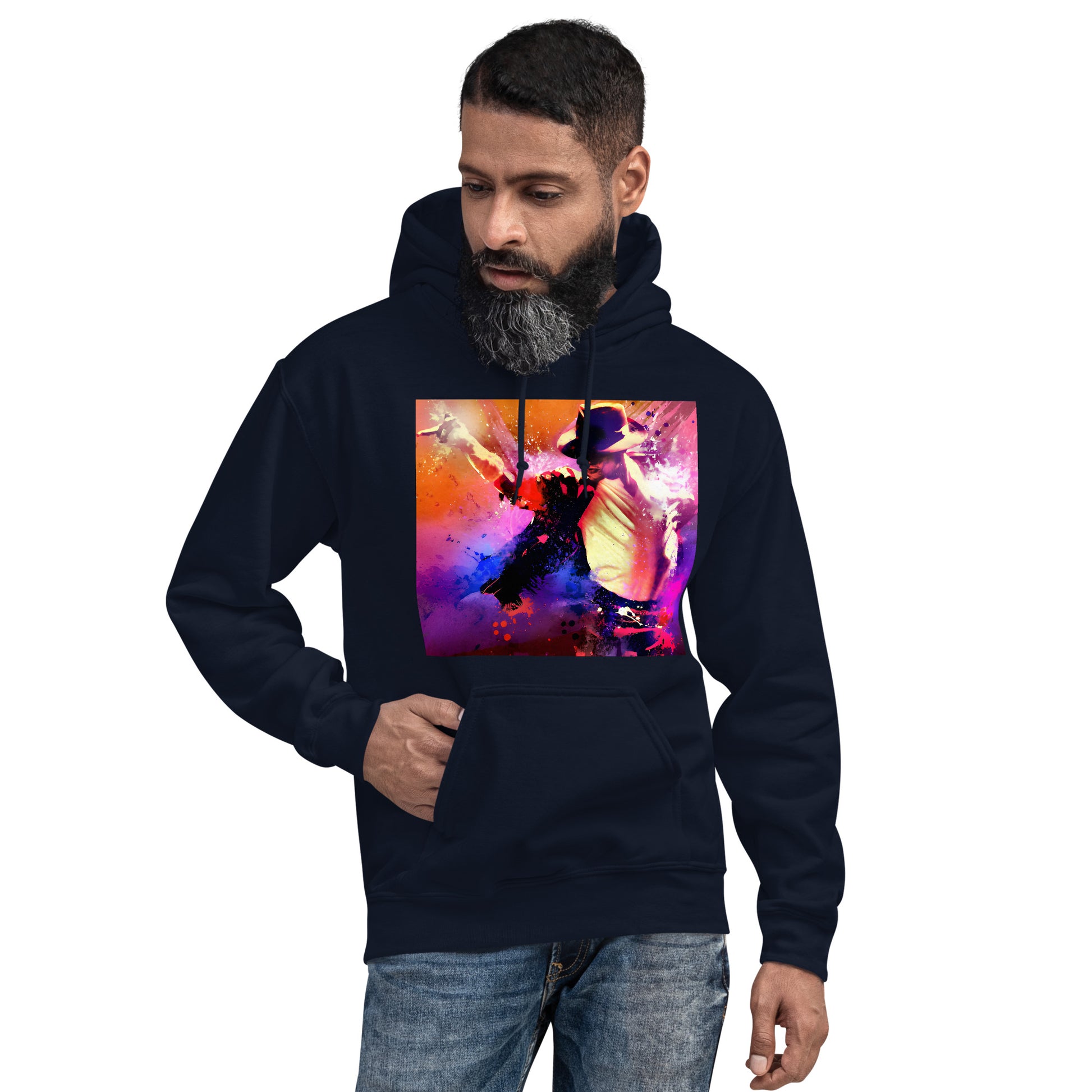 Moletom azul marinho oversized com estampa colorida neon do King of Pop, estilo streetwear masculino inspirado em anime e.