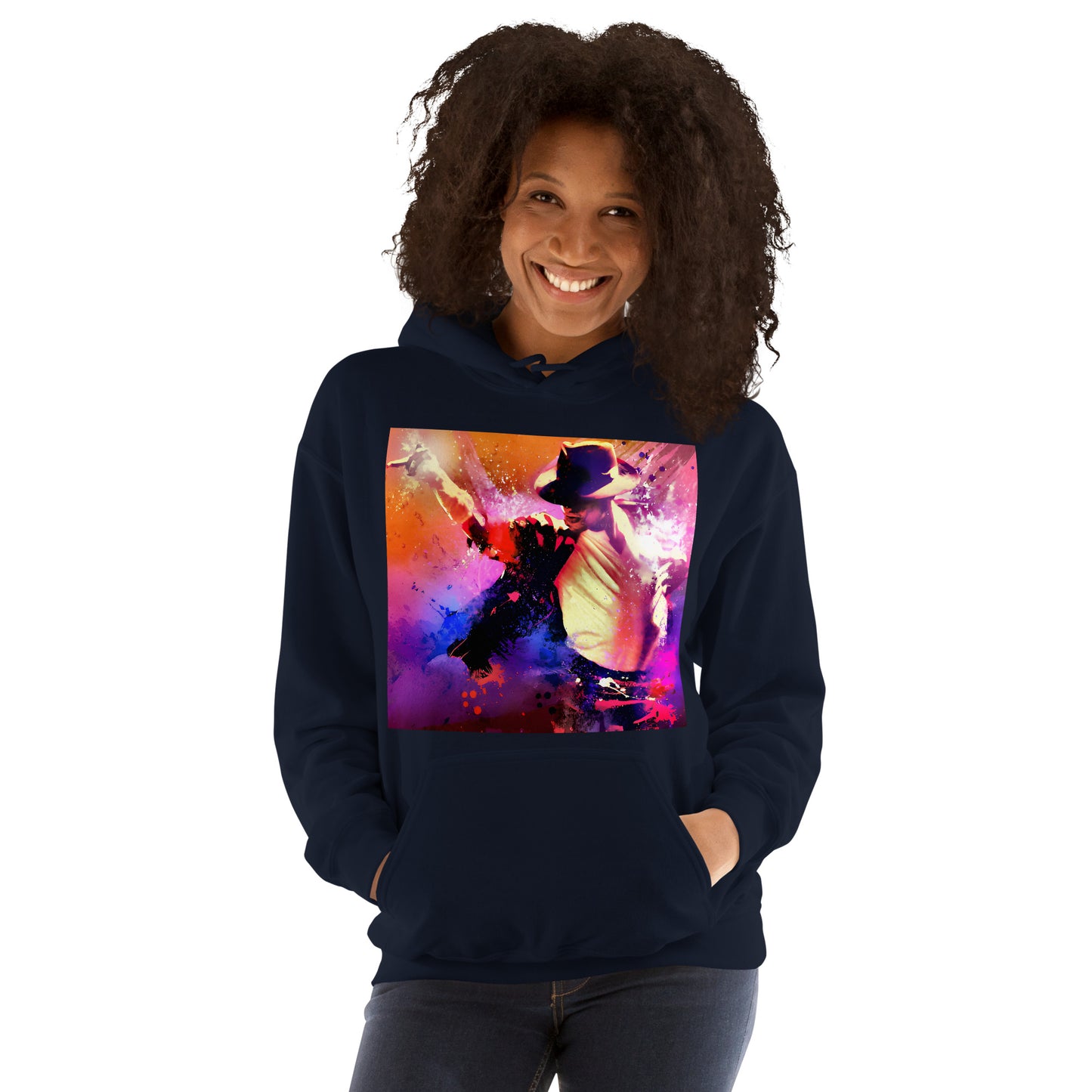 Hoodie streetwear azul marinho oversized com estampa neon vintage do Michael Jackson, estilo manga, moda homme França 2026.