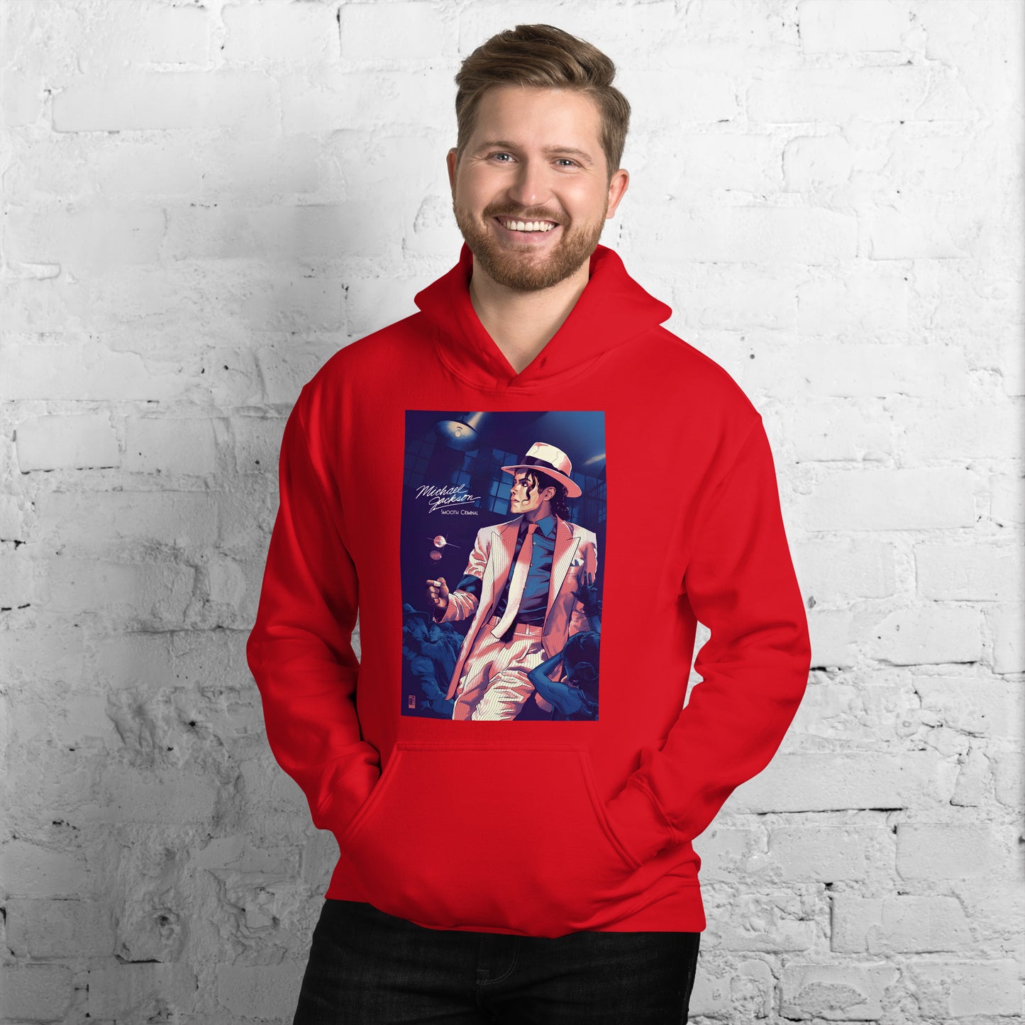 Hoodie vermelho oversized streetwear com estampa colorida de Michael Jackson Smooth Criminal, estilo manga, moda homme.