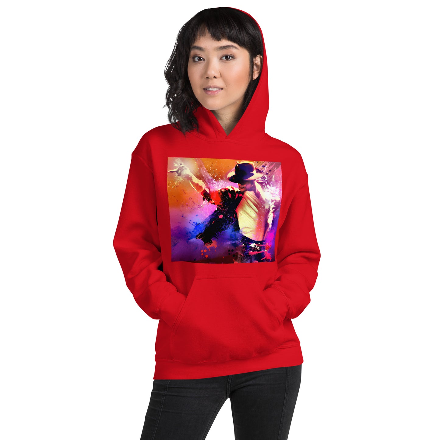 Moletom vermelho oversized streetwear com estampa colorida de Michael Jackson estilo anime masculino França 2026.