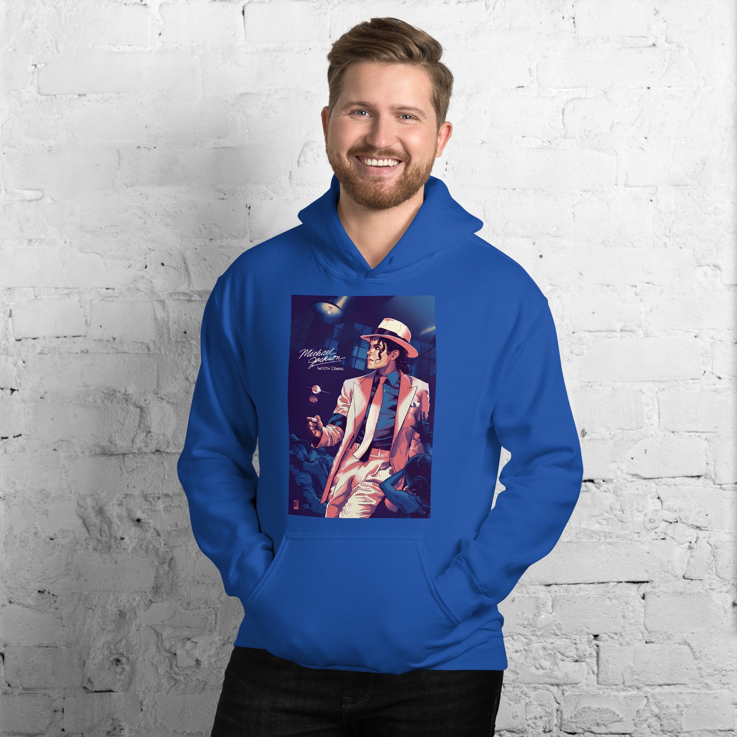 Moletom azul royal oversized com estampa colorida do Michael Jackson estilo streetwear masculino manga longa France 2026.
