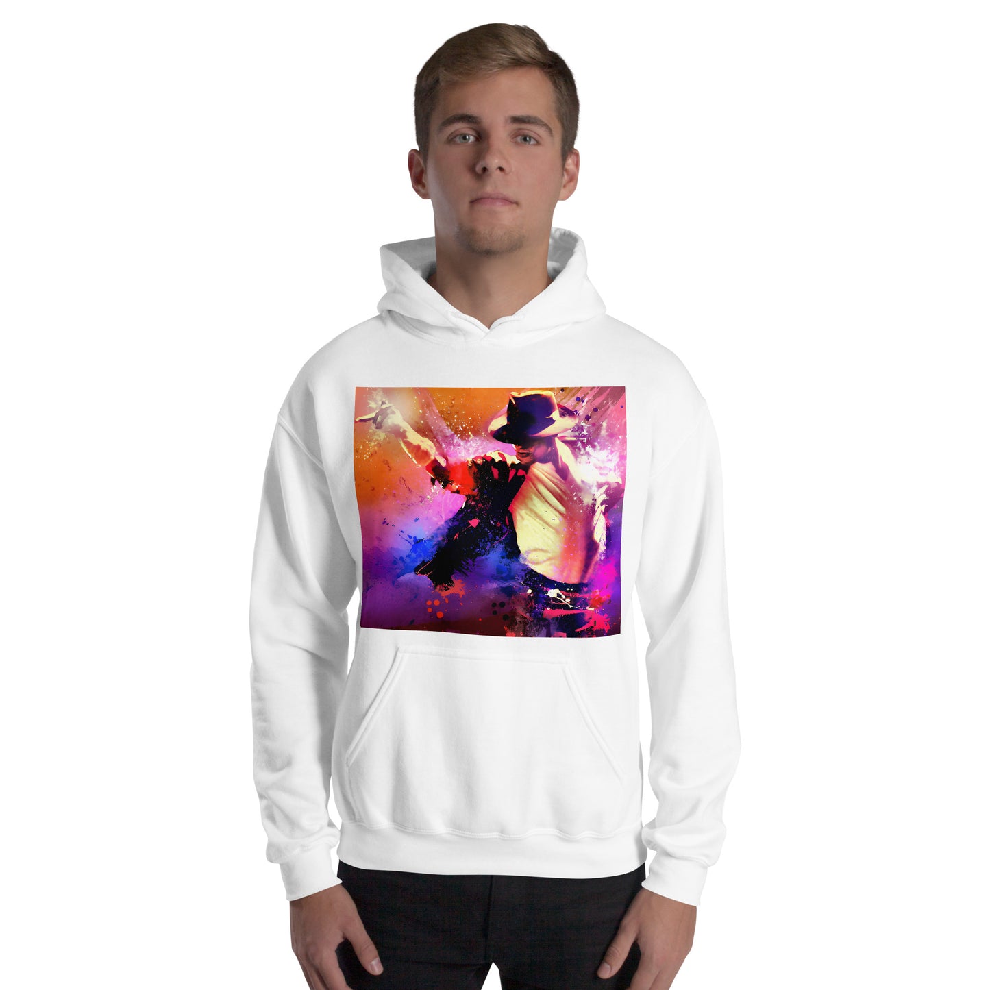 Moletom branco oversized com estampa colorida de Michael Jackson estilo streetwear manga França 2026 homem.