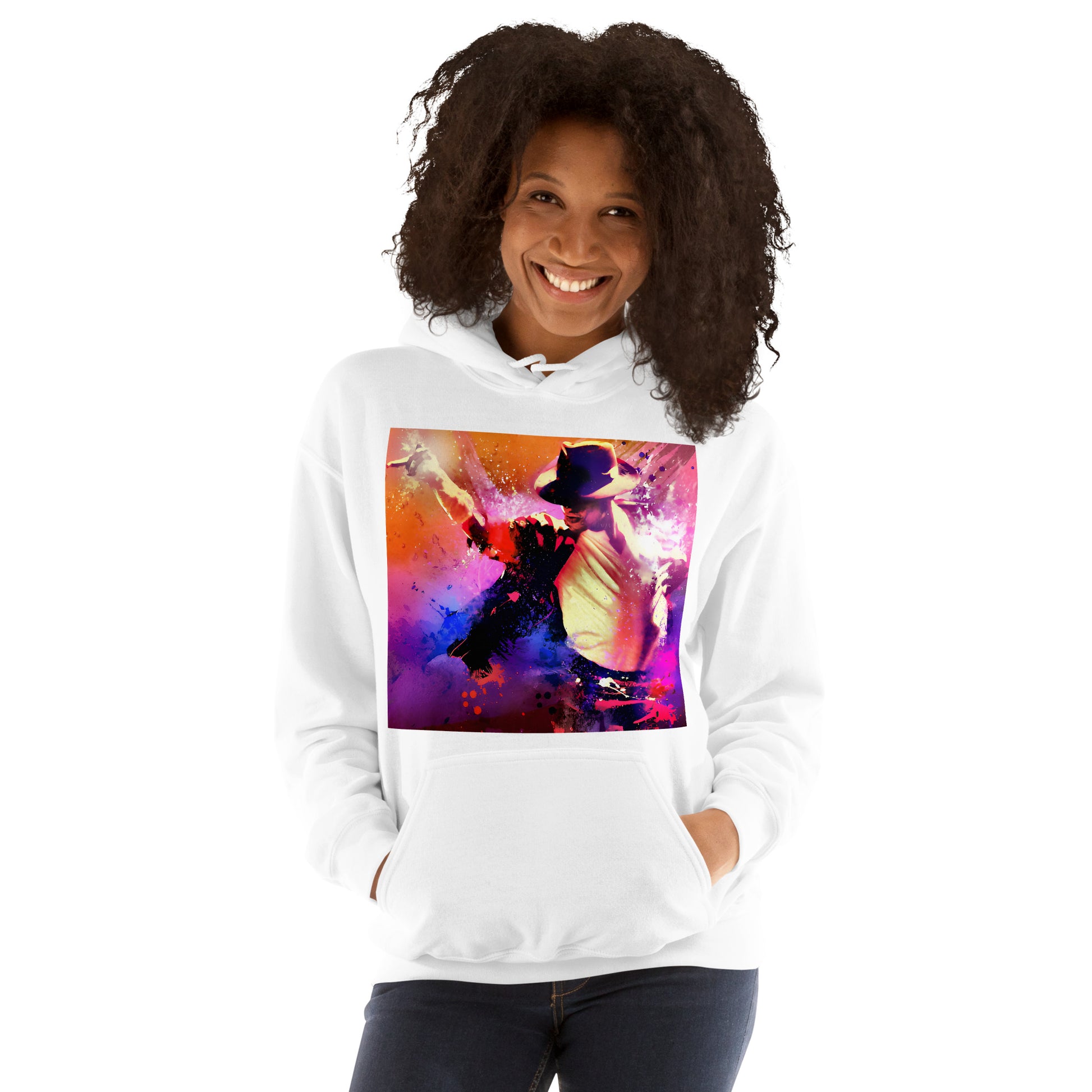 Moletom branco oversized streetwear com estampa colorida de Michael Jackson estilo anime manga França 2026 homem.