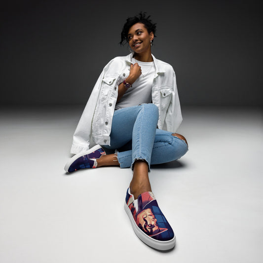 Tênis slip-on streetwear masculino azul com estampa manga inspirada no Michael Jackson, estilo vintage 2026 França.