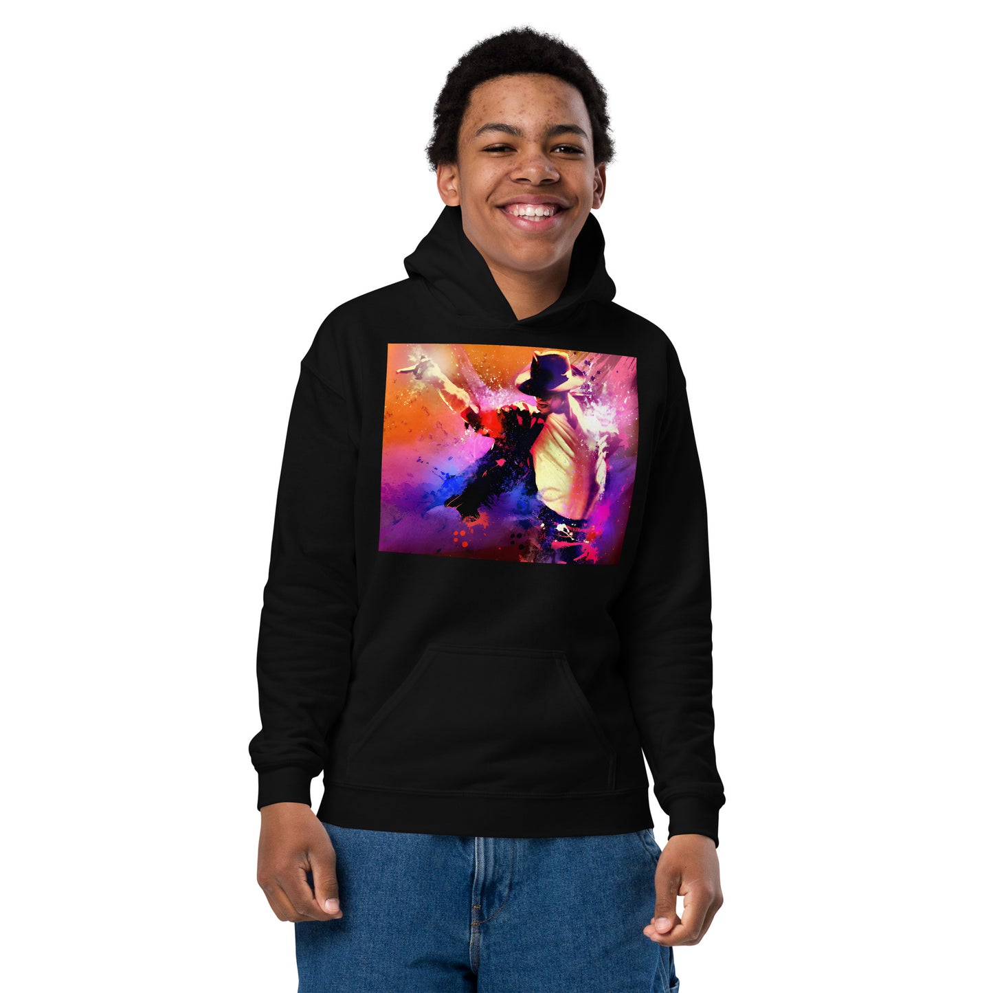 Moletom infantil preto oversized com capuz, estampa colorida vintage do Michael Jackson, streetwear 2026 França manga homem.