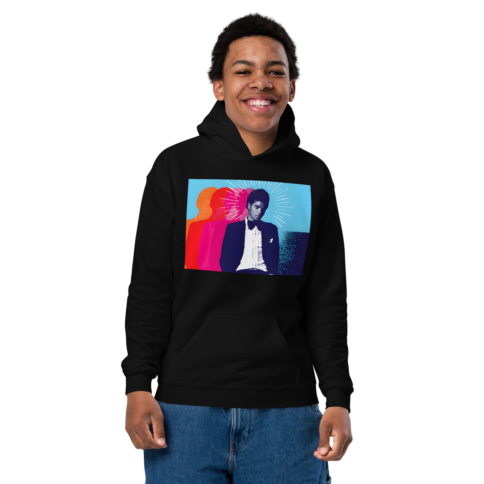 Moletom preto infantil oversized com estampa pop art colorida de Michael Jackson, estilo streetwear manga anime França 2026.