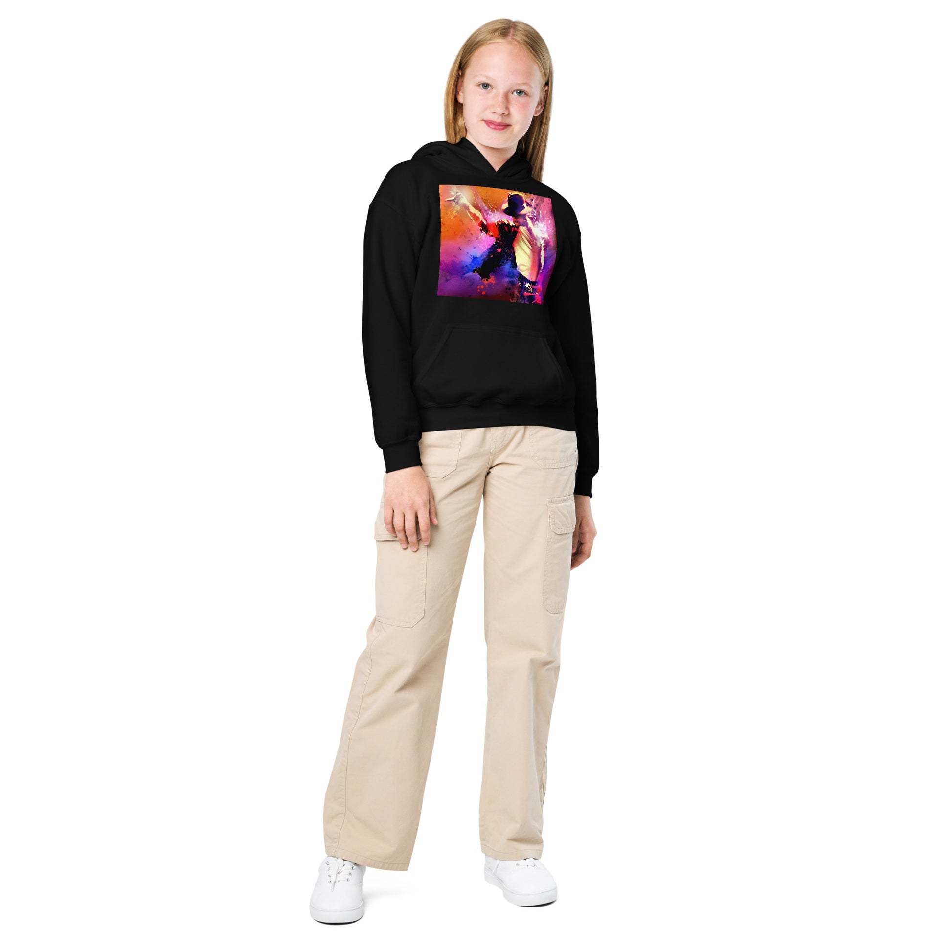 Moletom preto infantil com estampa neon vintage do King of Pop estilo streetwear manga longa.