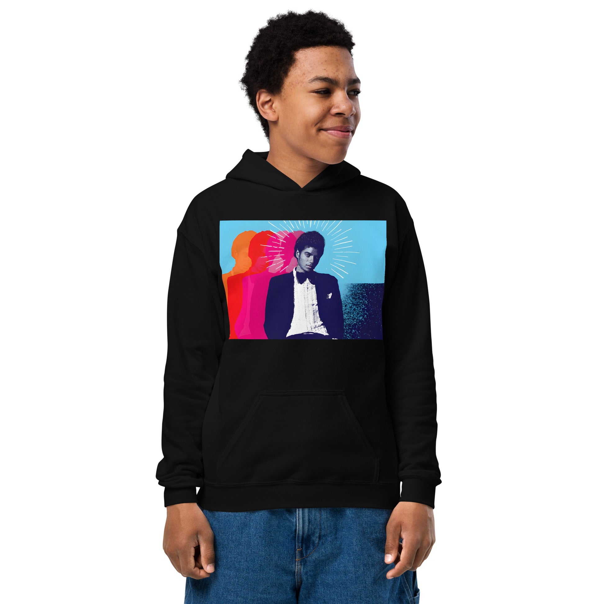 Moletom preto streetwear infantil com estampa pop art de Michael Jackson em cores vibrantes azul, rosa e vermelho, estilo.
